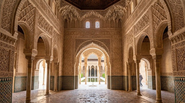 Ornate Islamic palace interior with arches and intricate carvings, Alhambra, Spain