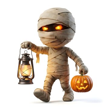 Cute cartoon mummy character holding a glowing lantern and a jack o lantern for halloween