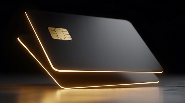 Credit cards with glowing golden edges lie on a dark background.