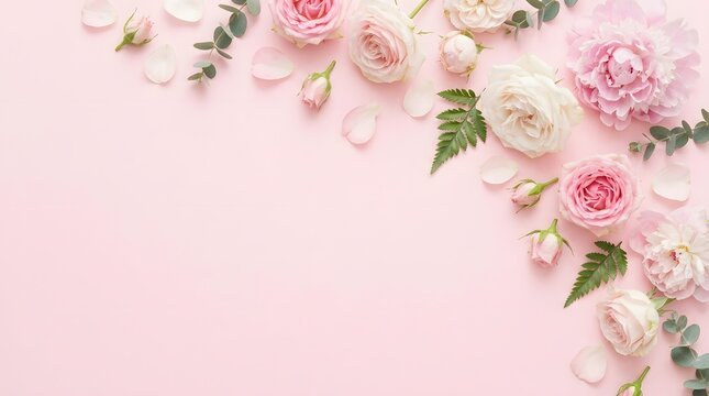 Beautiful floral arrangement with pink roses and green leaves on a soft pastel pink background