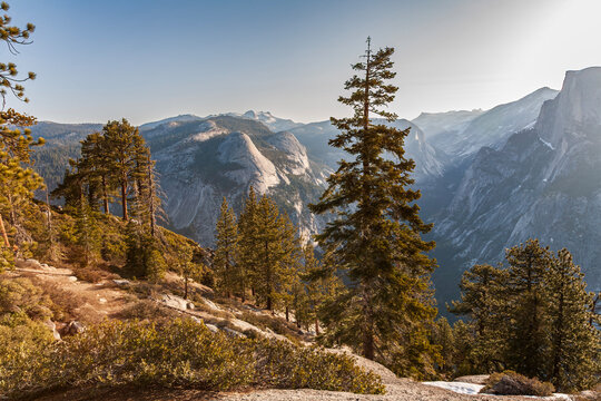 Beautiful scenic view of Half Dome and mountains at sunny morning in Yosemite