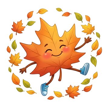 Happy cartoon maple leaf character dancing among falling autumn leaves