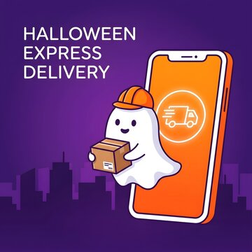Halloween express delivery service with ghost courier and smartphone illustration