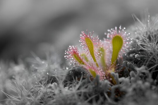 Carnivorous sundew plant with glistening sticky nectar drops close up selective color flora nature macro detail view