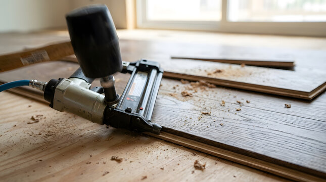 hardwood floor installation with pneumatic nailer | professional flooring contractor tools at work | DIY home renovation flooring project | securing oak planks with floor cleat gun