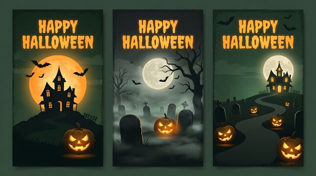 Three spooky halloween vertical banners with haunted houses and jack o lanterns