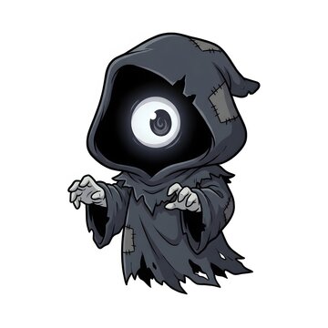 Cute cartoon grim reaper character with a single glowing eye illustration