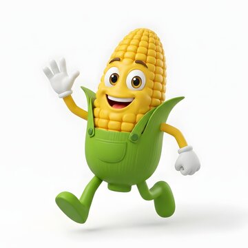 Cheerful cartoon corn cob character waving with a friendly expression