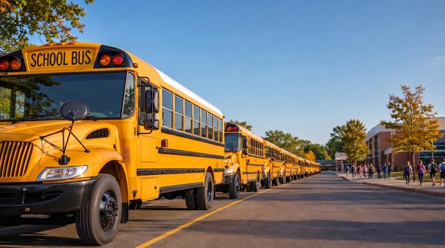 A long line of classic yellow school buses parked outside a modern school building on a sunny day. Students walking on the campus sidewalk in the background. Back to school and student transportation 