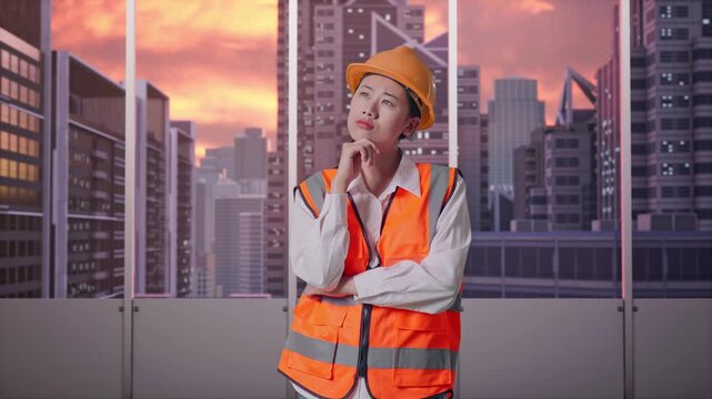 Asian Female Engineer With Safety Helmet Thinking About Something And Looking Around While Standing at Office with Panoramic City Skyline at Sunset