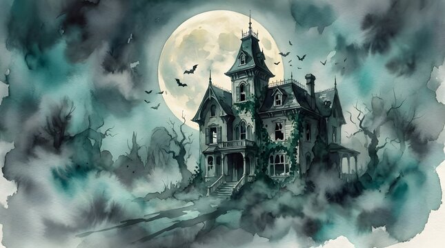 Haunted mansion silhouetted against a full moon on a foggy night