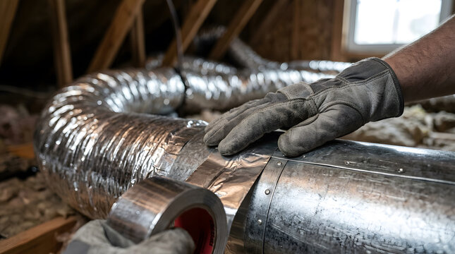 HVAC professional sealing air duct seams | Applying foil tape to residential ductwork | Energy efficient home attic insulation repair | Professional heating and cooling maintenance