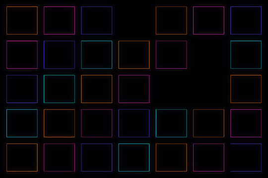 Grid of colorful square outlines in neon hues on a black background, creating a digital, or technological interface, aesthetic pattern