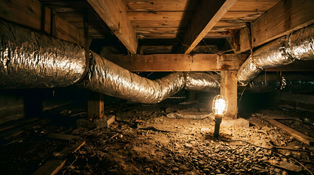 residential HVAC ductwork installation in crawlspace | under house inspection with work light | flexible insulated air ducts in crawlspace | home foundation maintenance environment
