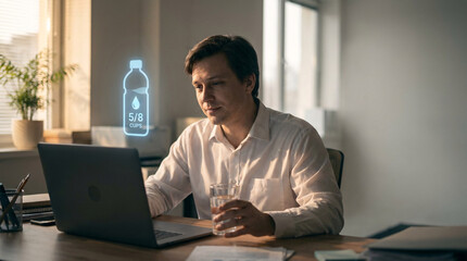 Fototapeta premium Man working on laptop with holographic water bottle interface displaying hydration data, office setting with natural light