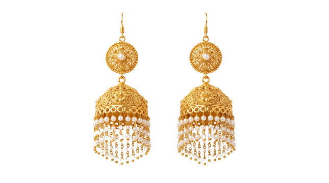 Exquisite gold jhumka earrings, traditional Indian jewelry with intricate filigree, elegant pearl drops, and a luxurious golden finish, perfect for cultural celebrations and fashion. isolated