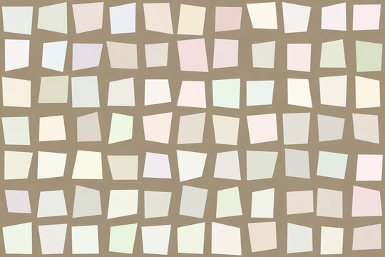 Abstract pattern of irregular quadrilateral shapes in soft pastel colors arranged on a muted brownish gray background, for texture