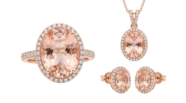 Elegant rose gold jewelry set, featuring a stunning oval morganite ring, matching pendant necklace, and stud earrings, luxurious gemstone accessories for fashion and retail isolated PNG with