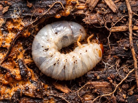 Macro shot of a large, white rhinoceros beetle grub curled up in decaying wood, showcasing its segmented body and orange head
