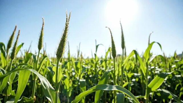 Lush green crop field under a bright blue sky with sun flare, symbolizing growth and nature.