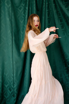 Model in long flowing dress