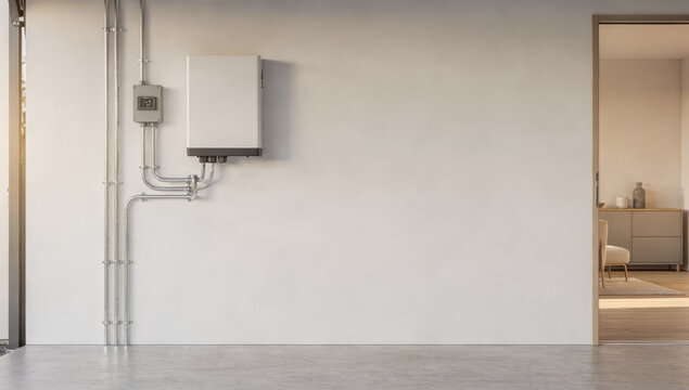 Wall with mounted electrical equipment and conduits with an open doorway to a room