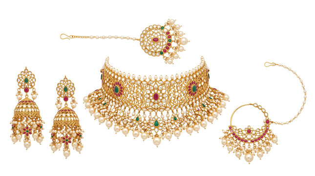 Exquisite Indian bridal jewelry set, a luxurious gold choker necklace, matching jhumka earrings, a traditional maang tikka, and an elegant nath nose ring