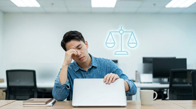 Stressed young man rubbing eyes at desk with laptop, overwhelmed by legal or justice work, scales of justice icon above