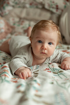 A baby grins during tummy time on a floral blanket