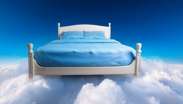 bed stand in a blue fluffy cloud in the sky symbolic for good sleep