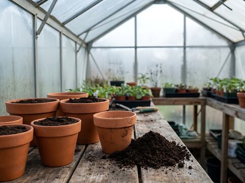 Terra cotta pots filled with enriched topsoil ready for planting in a rustic wooden greenhouse setting