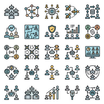 Artificial intelligence icons display concepts of swarm robotics, multi-agent systems, and neural network communication.