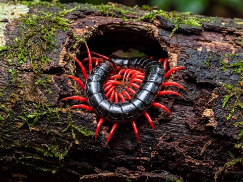 Striking Black and Red Giant Centipede Emerges from Mossy Log Cavity