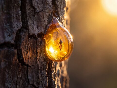 Tiny Insect Preserved in Golden Amber Resin Drop on Tree Bark, Illuminated by Sunset