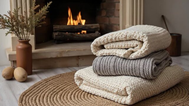 Cozy knitted blankets stacked on a braided rug by a warm fireplace, creating a comforting home scene.
