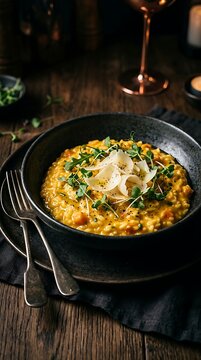 Gourmet pumpkin risotto with parmesan cheese served in a dark bowl on a rustic wooden table
