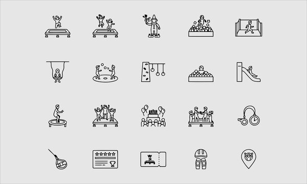 Trampoline amusement park flat line icons. Kids playground, jumping people, sport activity, clown illustration.
