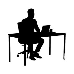 Fototapeta premium Silhouette of person working on laptop at desk with chair isolated on transparent background, Vector