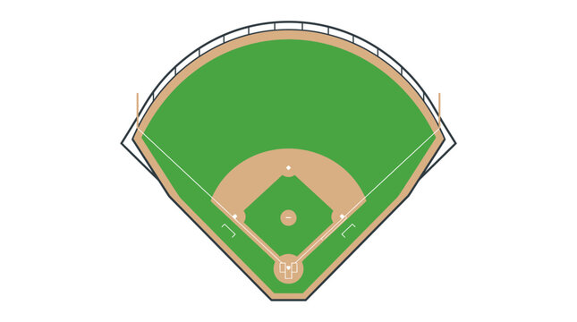 Professional baseball field layout vector illustration from overhead view with green grass, tan dirt infield, white base markers, pitcher's mound, and outfield fence line.