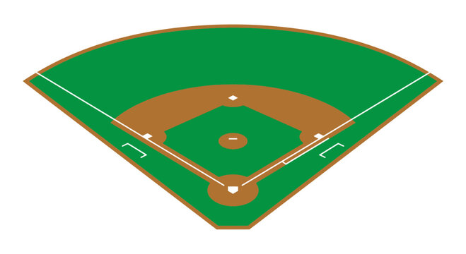 Vector graphic of a baseball field with isometric perspective showing the green grass outfield, brown dirt infield diamond, pitcher's mound, white bases, and foul lines.