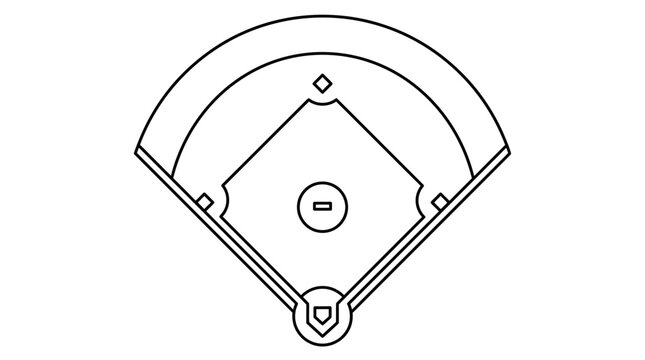 Minimalist black and white vector outline of a baseball field diamond from an overhead perspective showing bases, pitcher's mound, home plate, and outfield boundary on white background.