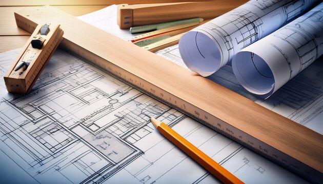 detailed architectural blueprint plan with scale ruler and sharpened wooden pencil tools on table for construction project design and building layout