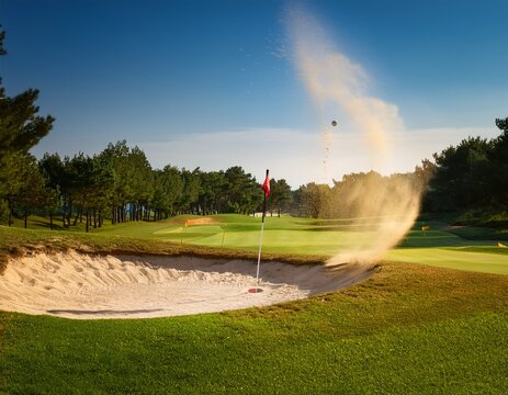 golf sand bunker shot action scene featuring golf ball impact club swing flying sand professional golf technique and outdoor sports photography