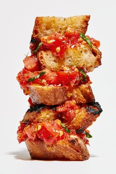 Tomato Bruschetta Close Up Stack on White Background