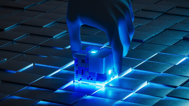 Hand places digital cube on grid with glowing network background