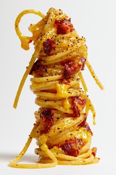 Spaghetti Carbonara Leaning Stack on White Background