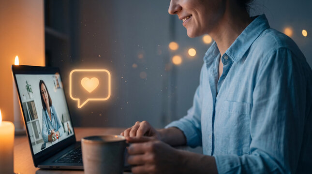 Woman video calling on laptop, holding mug, with glowing heart icon and bokeh lights, conveying connection and positive communication