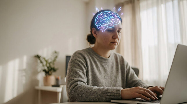 Woman working on laptop with glowing futuristic brain visualization above head, representing artificial intelligence and cognitive processes