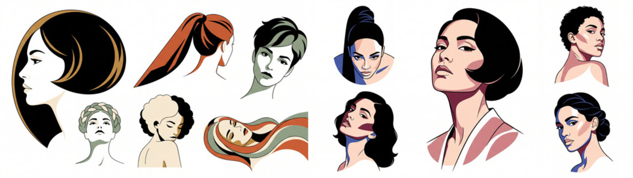 Stylized female portrait collection with fashionable diverse hairstyles