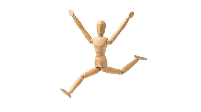 Wooden mannequin in a dynamic jumping pose isolated on transparent background